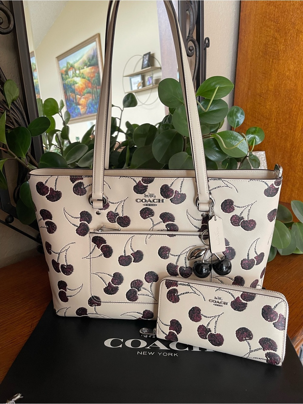 COACH Station Tote in Cherry Print and Matching Wallet